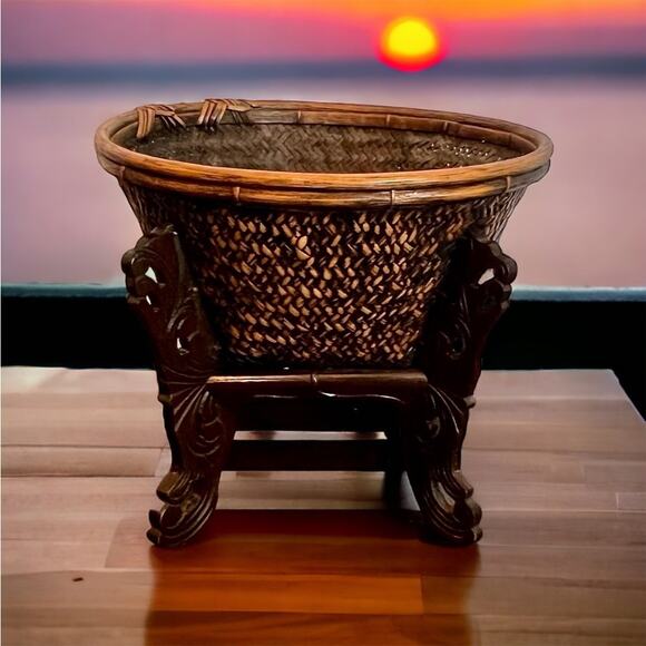 Rattan & Bamboo Basket Planter-Vintage Asian Hand-Woven-Wood Stand-Boho-Storage - Picture 7 of 7